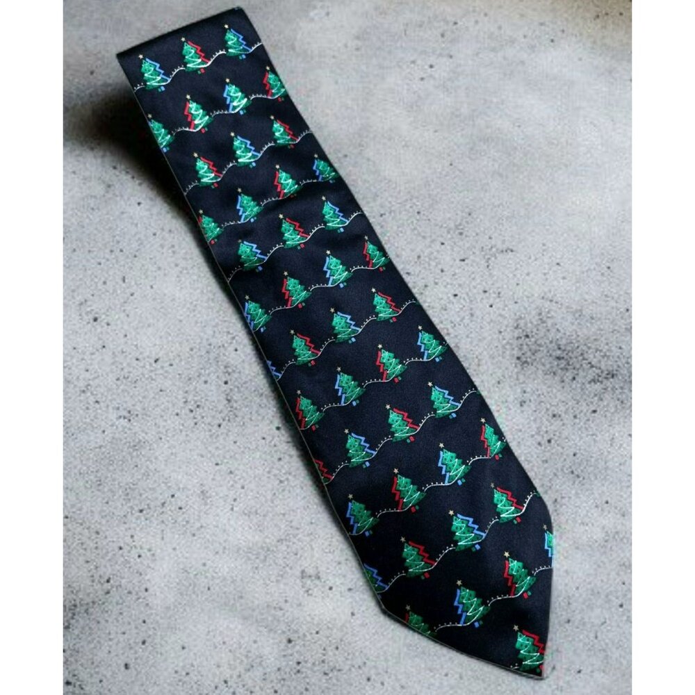 VTG Christmas Pine Tree Neck Tie Black Silk Holiday Party Green Red Gold Novelty